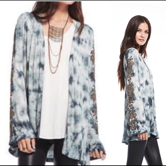 CHASER Tie Dye Kimono Open Cadigan Duster Beaded Sleeves BOHO Small - Picture 2 of 12